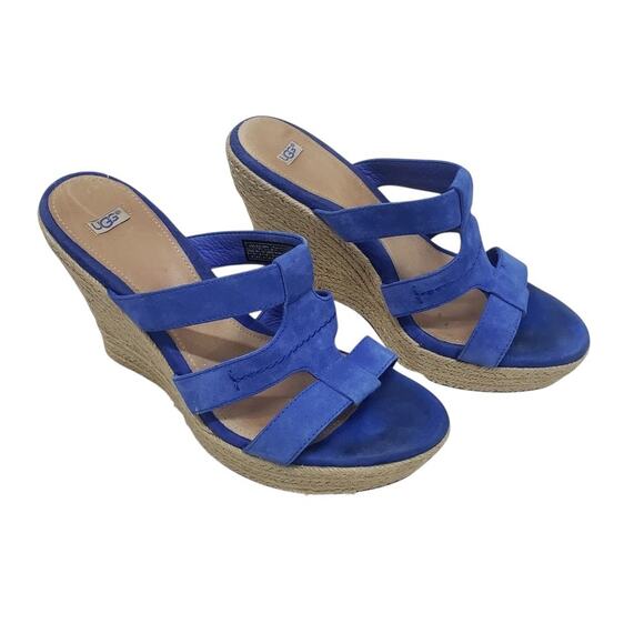 UGG Tawnie Wedge Sandals Platform Strappy Blue Suede Leather 1000404 Size 10 - Picture 6 of 11